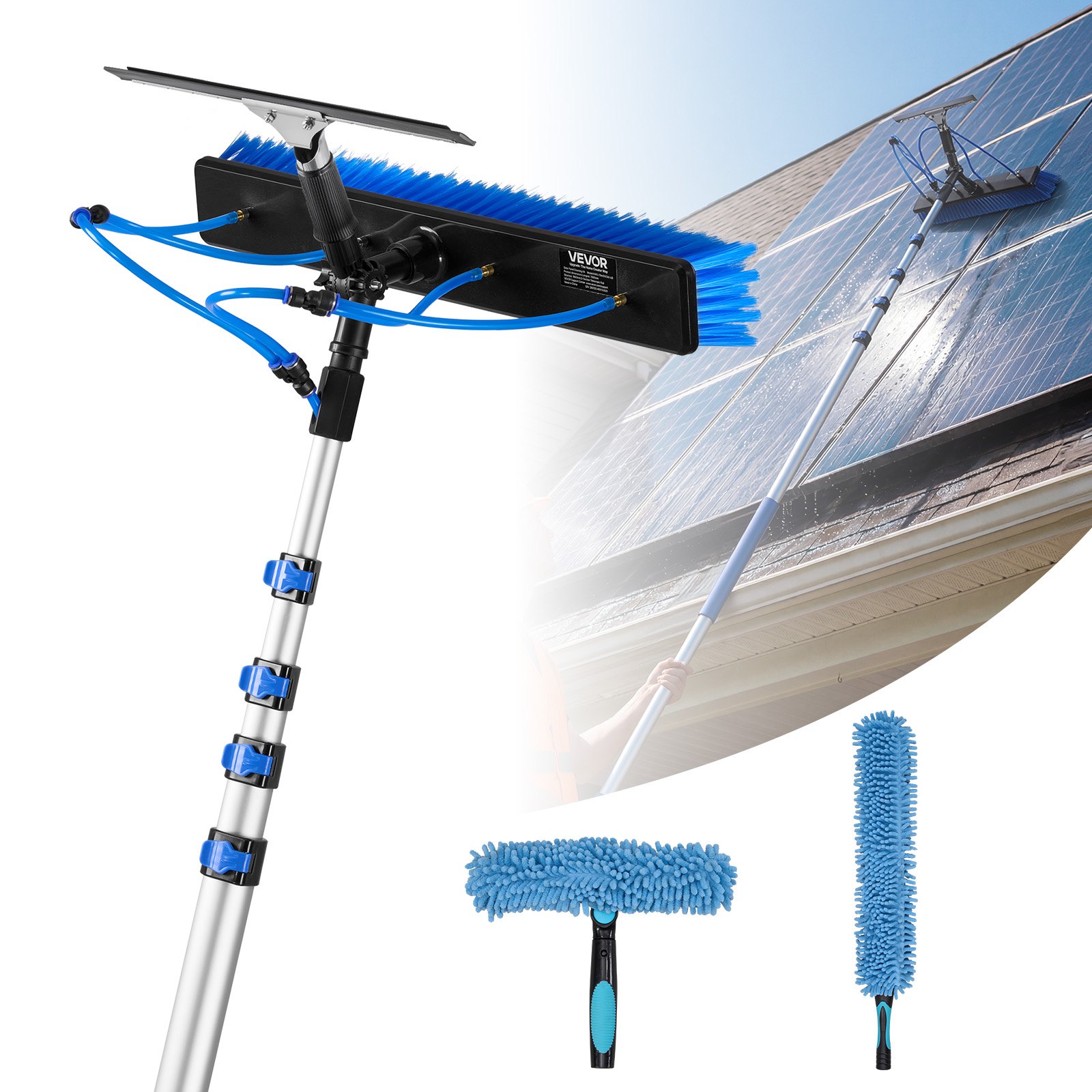 VEVOR Solar Panel Cleaning Kit, 7.99 m, Water Fed Pole Kit with Cleaning Brush, Squeegee, Soap Dispenser, Extendable Aluminum Telescopic Pole, 180° Rotatable Brush Head, for Roof Mounted Solar Panels