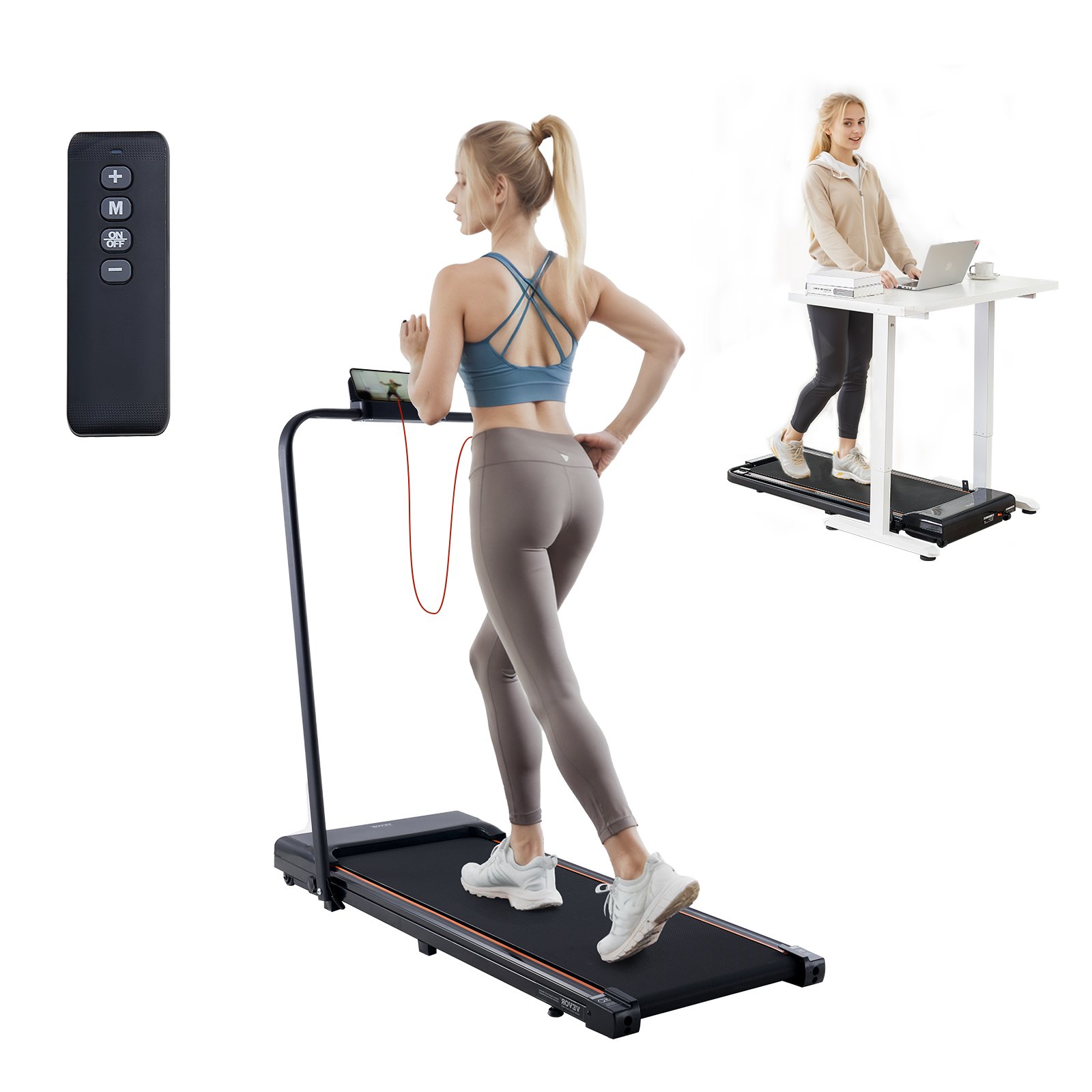 VEVOR Walking Pad Treadmill for Under-Desk Use, Work Treadmill, Foldable Treadmill with 120 kg Weight Capacity, Portable 2-in-1 Pad with 2.5 HP, Handlebar, Remote Control, LED Display, 1-10 km/h