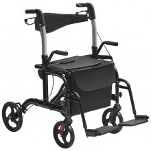 VEVOR 2 w 1 Rollator i krzesło transportowe Składany wózek inwalidzki z podnóżkami Lekki aluminiowy rollator z regulowanym uchwytem Koła terenowe 136 kg Czarny