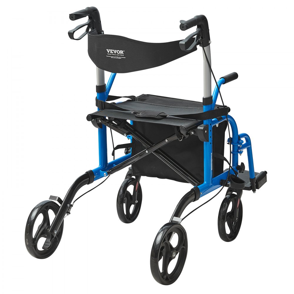 VEVOR 2-in-1 Rollator and Transport Chair for Seniors, Foldable Rollator-Wheelchair Combination with Footrests, Lightweight Aluminum Rollator with Adjustable Handle, All-Terrain Wheels, 136 kg, Blue