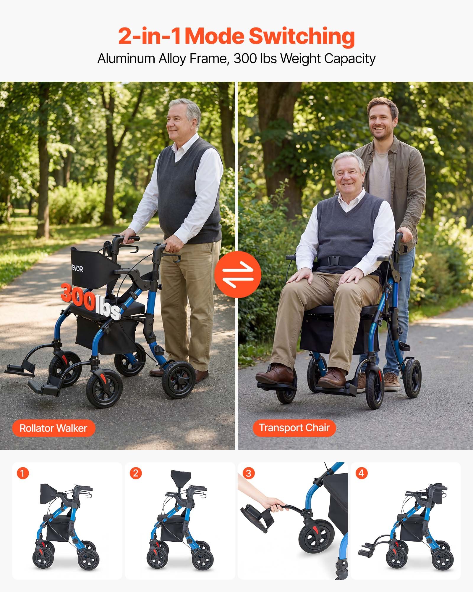 VEVOR 2-in-1 Rollator Walker & Transport Chair for Seniors, Foldable Rolling Walker Wheelchair, Lightweight Aluminum Mobility Walking Aid with Solid PU Wheels, Cup & Cane Holder - Supports 136kg