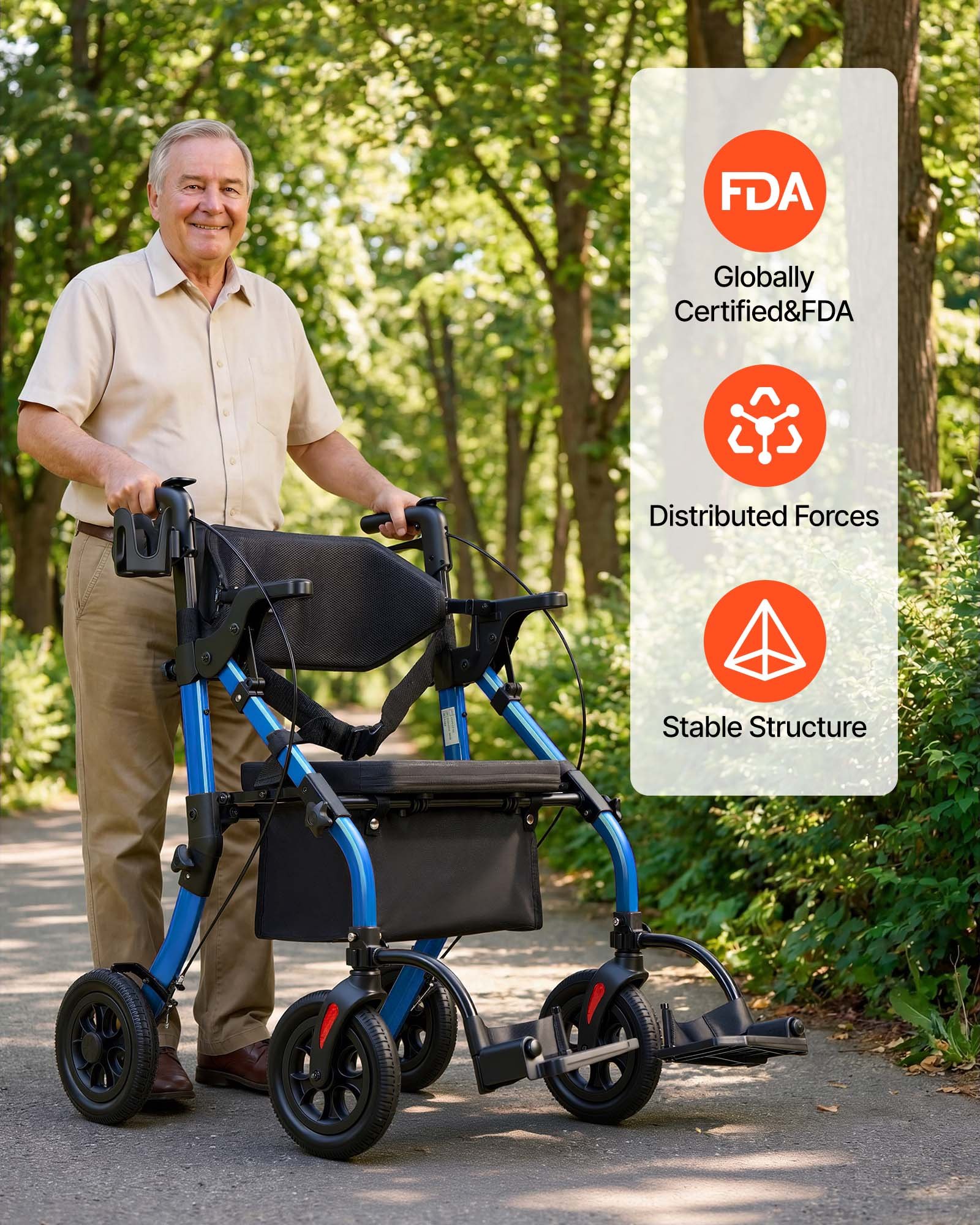 VEVOR 2-in-1 Rollator Walker & Transport Chair for Seniors, Foldable Rolling Walker Wheelchair, Lightweight Aluminum Mobility Walking Aid with Solid PU Wheels, Cup & Cane Holder - Supports 136kg