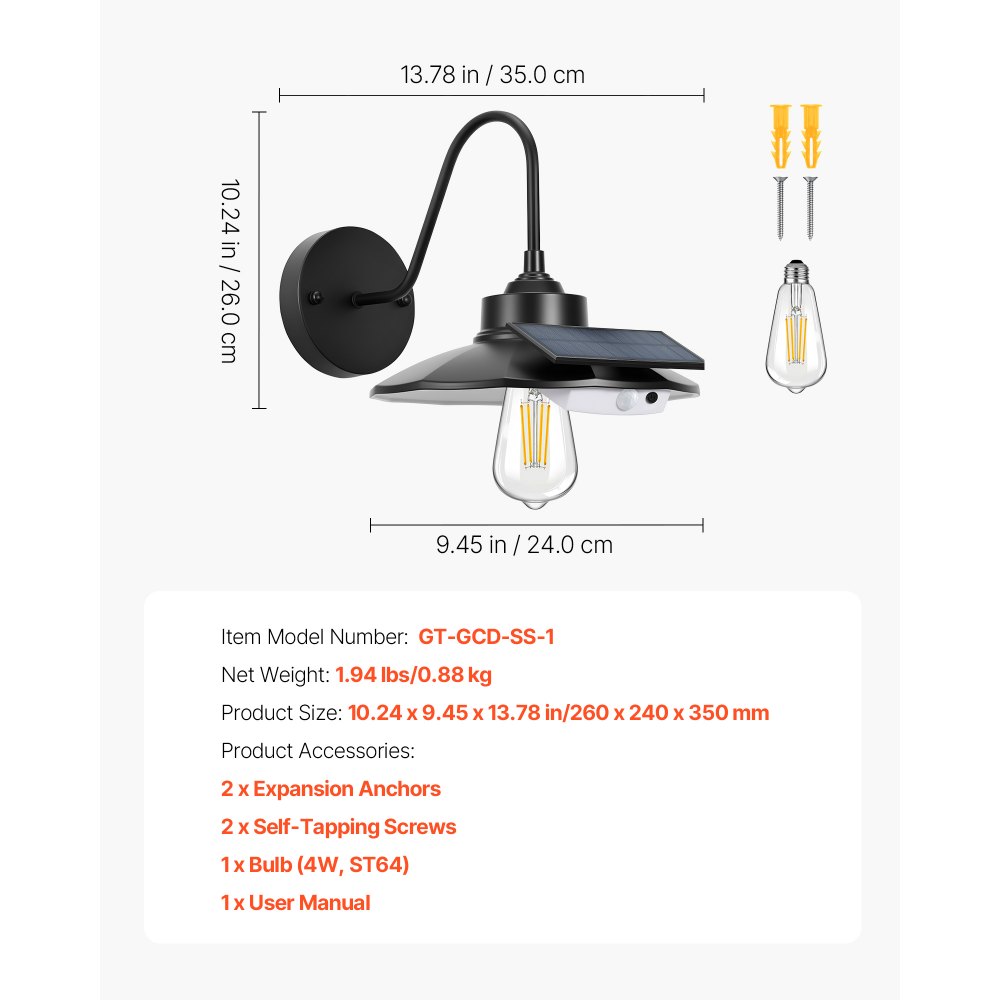 VEVOR Solarna lampa ścienna z gęsią szyją, 350 lm, 3 tryby oświetlenia i czujnik ruchu, 1 opakowanie, lampa stodołowa, kompatybilna z żarówką E27, do ganku, domu, przedpokoju, garażu, czarna