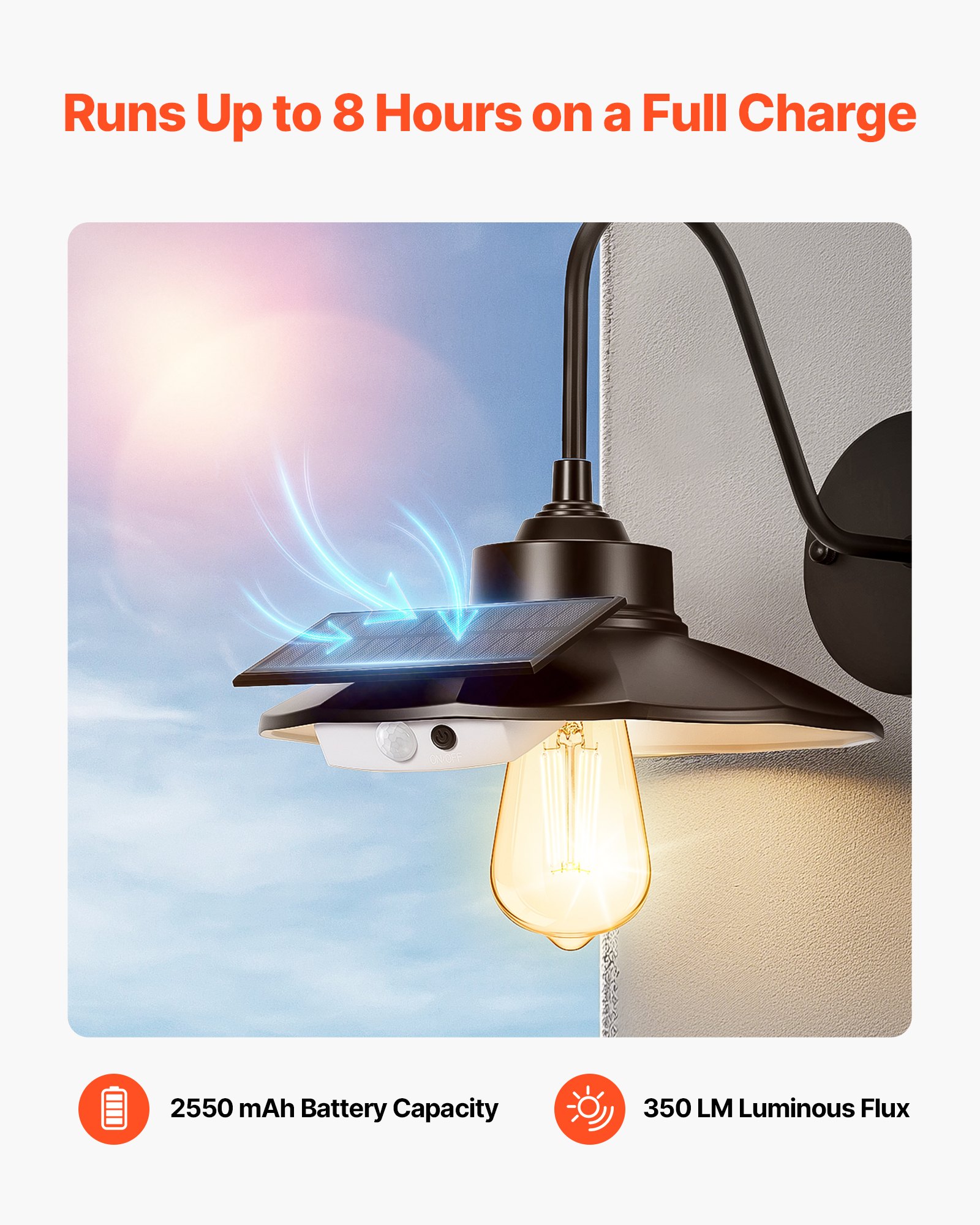 VEVOR Solarna lampa ścienna z gęsią szyją, 350 lm, 3 tryby oświetlenia i czujnik ruchu, 1 opakowanie, lampa stodołowa, kompatybilna z żarówką E27, do ganku, domu, przedpokoju, garażu, czarna