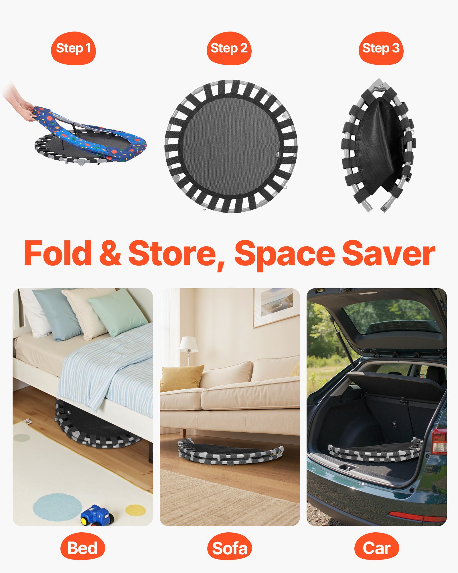 Trampolina dziecięca VEVOR, trampolina zewnętrzna, 91,44 cm, składana, z uchwytem, ​​trampolina ogrodowa, trampolina dla maluchów, prezent urodzinowy dla dzieci od 3 lat, udźwig 100 kg, kolor niebieski