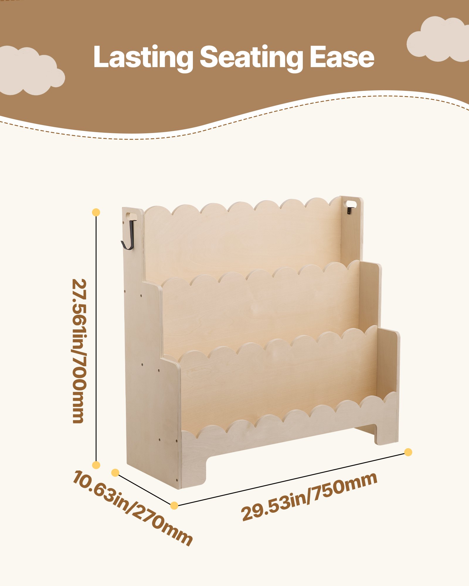 VEVOR Montessori Bookshelf, 3-Tier Scalloped Kids Bookshelf, Front Facing Toddler Bookcase, Dual Hooks for Hanging Backpacks, Baby Bookshelf for Kids Room, Living Room, Entryway, Nursury, Preschool