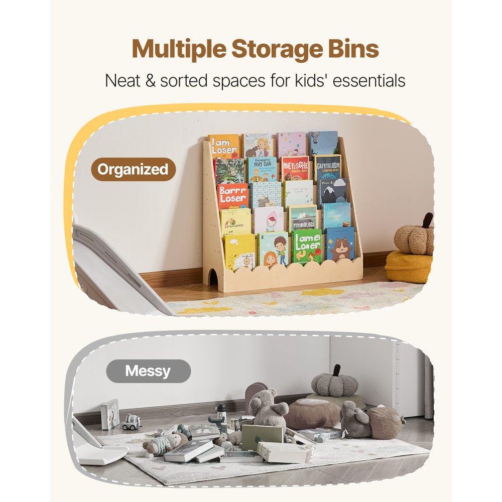 VEVOR Montessori Regał na książki dla dzieci, 5-poziomowy, z falistą krawędzią, z przodu, z podwójnymi haczykami, regał na książki dla dzieci, półka do przedszkola