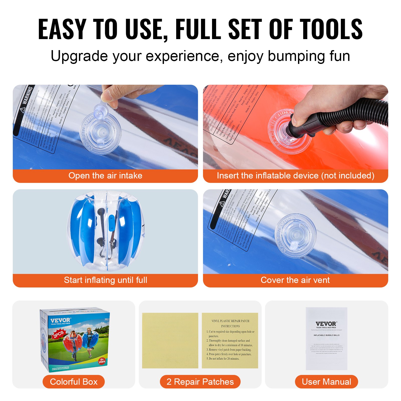 VEVOR Nadmuchiwane piłki Bumper Ball, 2 sztuki, 0,9 m, dla dzieci i młodzieży, PVC Bumper Ball do gier zespołowych na świeżym powietrzu, Zabawki na plac zabaw, podwórko, Czerwone paski + Niebieskie paski