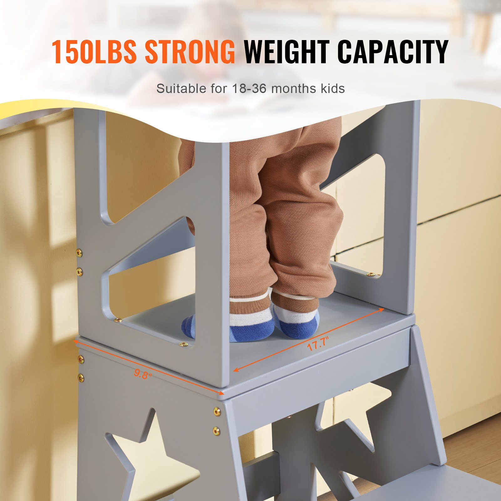 Stołek kuchenny dla malucha VEVOR Naturalne drewno sosnowe Pomocnik stołka kuchennego 150 funtów szary