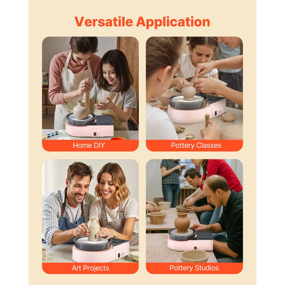 VEVOR Mini koło garncarskie, stół obrotowy 158 mm z regulowaną prędkością obrotową, elektryczne koło gliniane z narzędziami do formowania gliny, odpowiednie do zajęć z ceramiki DIY, kolor różowy