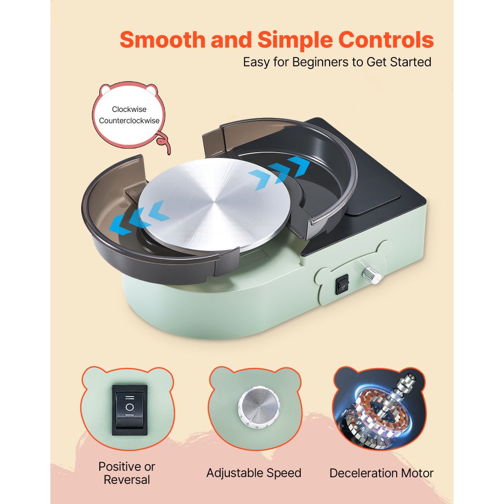VEVOR Mini koło garncarskie, stół obrotowy 158 mm z regulowaną prędkością obrotową, elektryczne koło gliniane z narzędziami do formowania gliny, odpowiednie do zajęć garncarskich DIY, kolor zielony