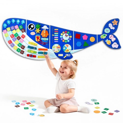 VEVOR Montessori Busy Board 12 w 1 składana filcowa tablica edukacyjna na ścianę Wieloryb, zabawka sensoryczna do edukacji i wczesnego rozwoju dla dzieci, z liczbami, literami, zwierzętami, kształtami, zegarem i elementami edukacyjnymi