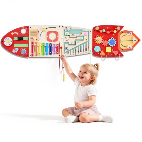 VEVOR Montessori Busy Board 13 w 1 sensoryczna tablica ścienna z aktywnością Rakieta, zabawka rozwijająca sprawność motoryczną do celów edukacyjnych i wczesnego rozwoju w żłobku i domu, wykonana z płyt MDF, z ksylofonem, zegarem, kołami zębatymi i elementami edukacyjnymi
