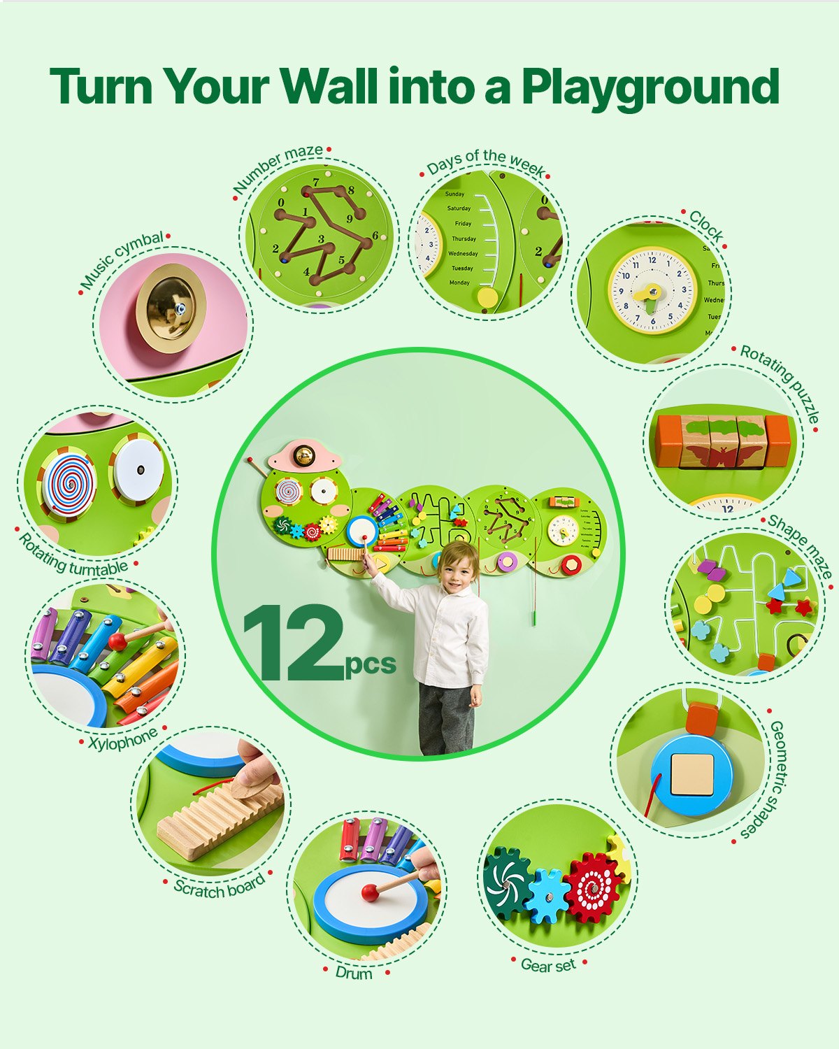 VEVOR Motor Skills Board, Activity Wall, 12 Games, Montessori Sensory Wall Toy for Children 3-12 Years Old, Montessori Learning Activity Center, Ideal for Toddler Playrooms, Kindergartens