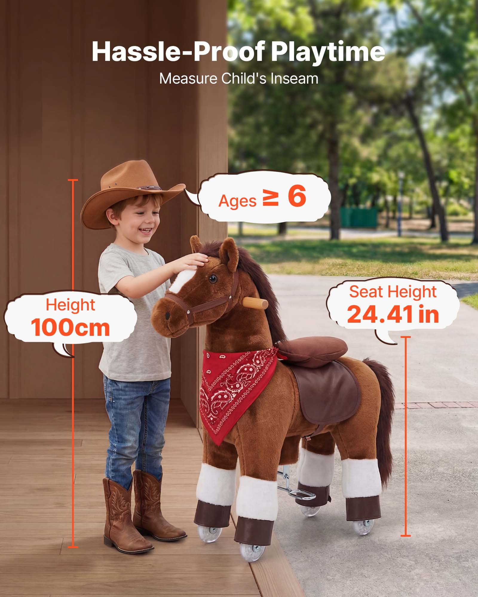 VEVOR Konik na biegunach na kółkach 93 cm, 80 kg, wytrzymały, stojący koń z funkcją dźwięku, zabawkowy koń z podwyższonym siedziskiem, uchwytami i pedałami, brązowy koń na biegunach do siedzenia i jazdy dla dzieci od 6 lat