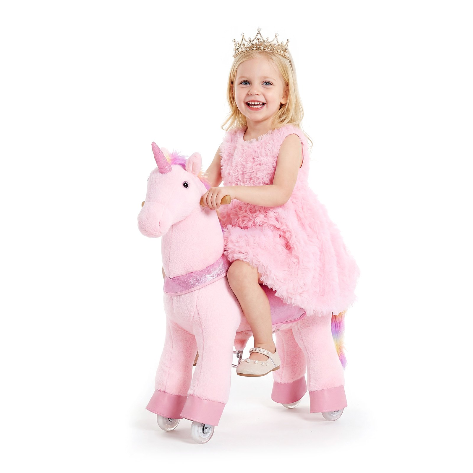 VEVOR Koń jeździecki na kółkach 80 cm, 50 kg, wytrzymały, stojący koń z funkcją dźwięku, zabawkowy koń z podwyższonym siedziskiem, uchwytami i pedałami, różowy jednorożec z tęczową grzywą dla dzieci i dziewcząt w wieku 3-8 lat
