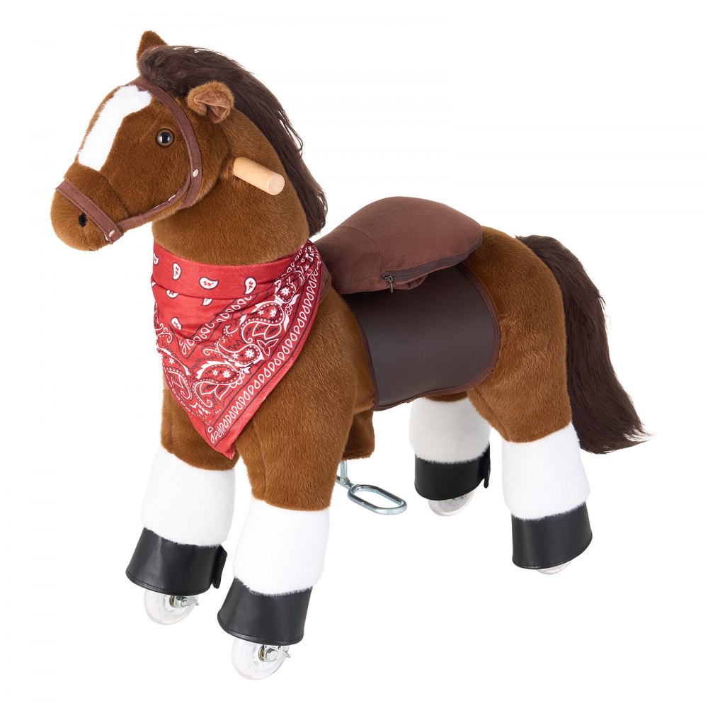 VEVOR Konik na biegunach na kółkach 76 cm, 50 kg, wytrzymały, stojący koń z funkcją dźwięku, zabawkowy koń z podwyższonym siedziskiem, uchwytami i pedałami, brązowy koń na biegunach do siedzenia i jazdy dla dzieci w wieku 3-6 lat
