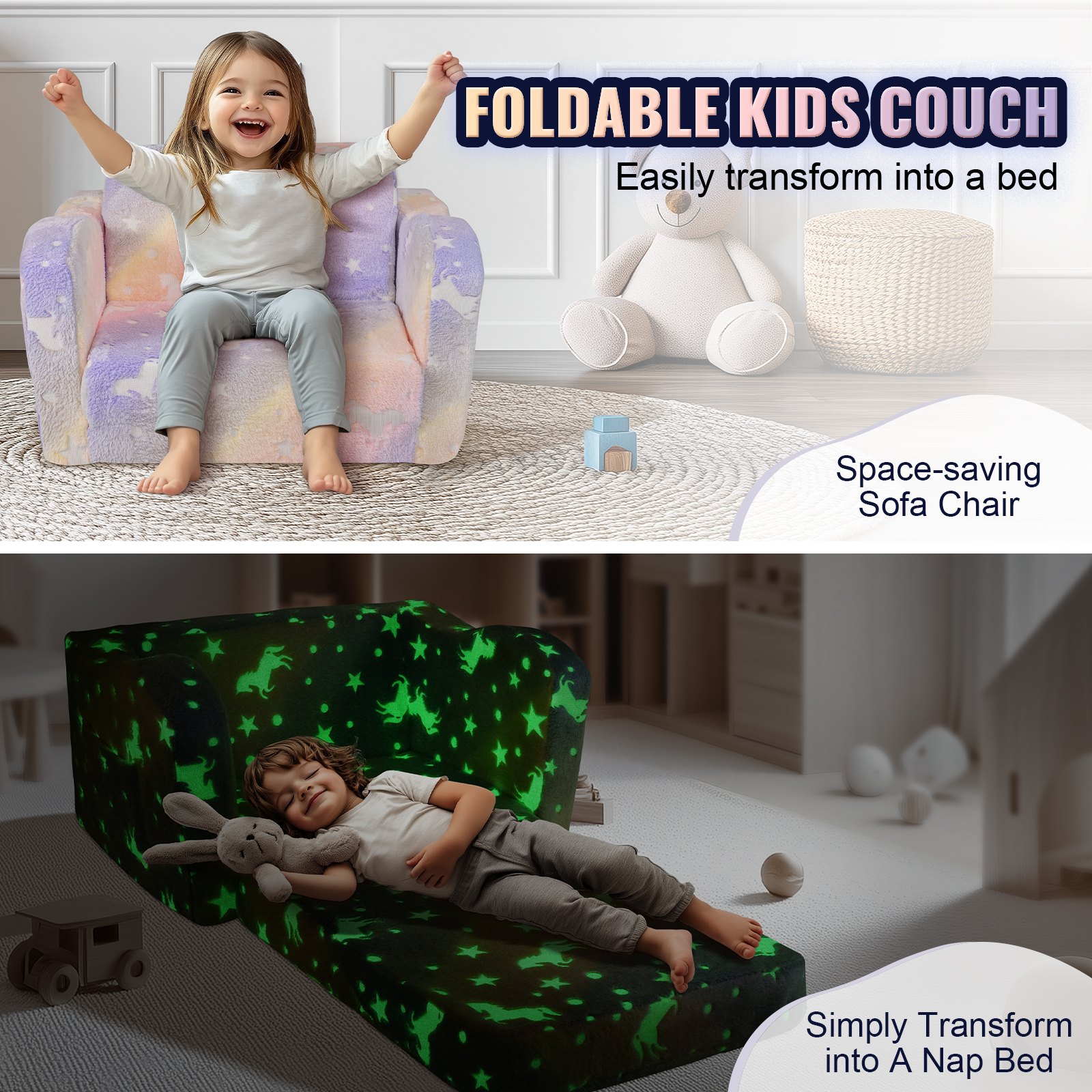 VEVOR Sofa dziecięca 2 w 1, rozkładana sofa dziecięca do fotela, rozkładany fotel dziecięcy, fotel z podłokietnikami, rozkładana sofa dziecięca do zabawy, świecąca w ciemności 104 x 58 x 32 cm