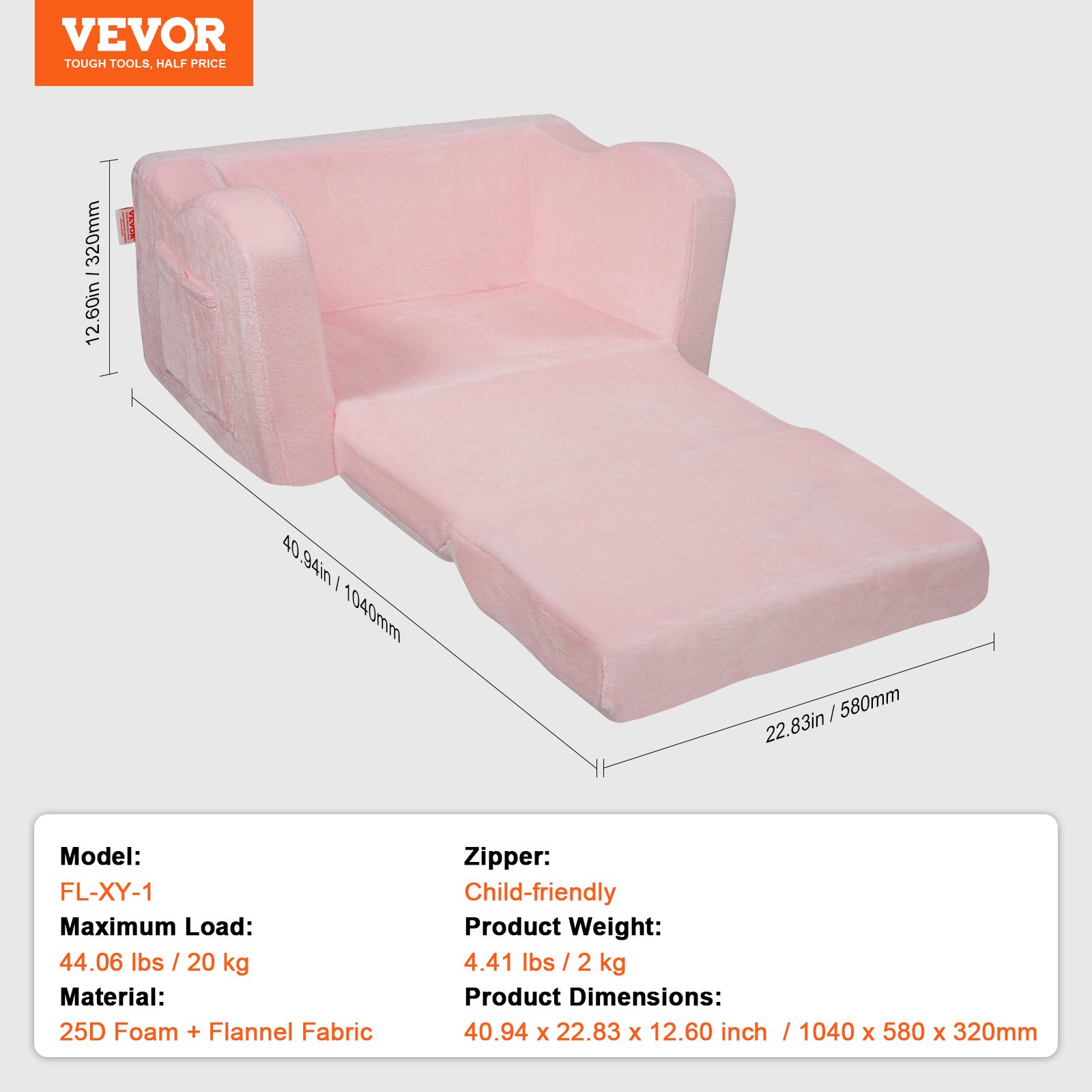 VEVOR Sofa dziecięca 2 w 1, rozkładana sofa dziecięca do fotela, rozkładany fotel dziecięcy, fotel dla malucha z funkcją spania, składana sofa do zabawy dla dzieci, różowa sofa dziecięca, 104 x 58 x 32 cm