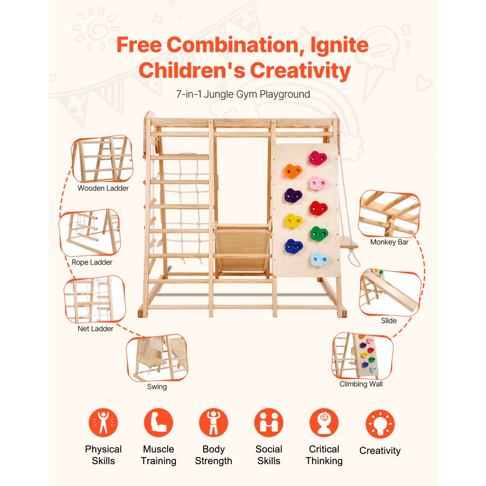 VEVOR Indoor Jungle Gym, 7-in-1 Toddler Indoor Playground, 109 x 120 x 119.5 cm, with Wood and Rope Ladder, Net Ladder, Swing, Monkey Bar, Slide, Climbing Wall, Wooden Indoor Climbing Toys for Kids