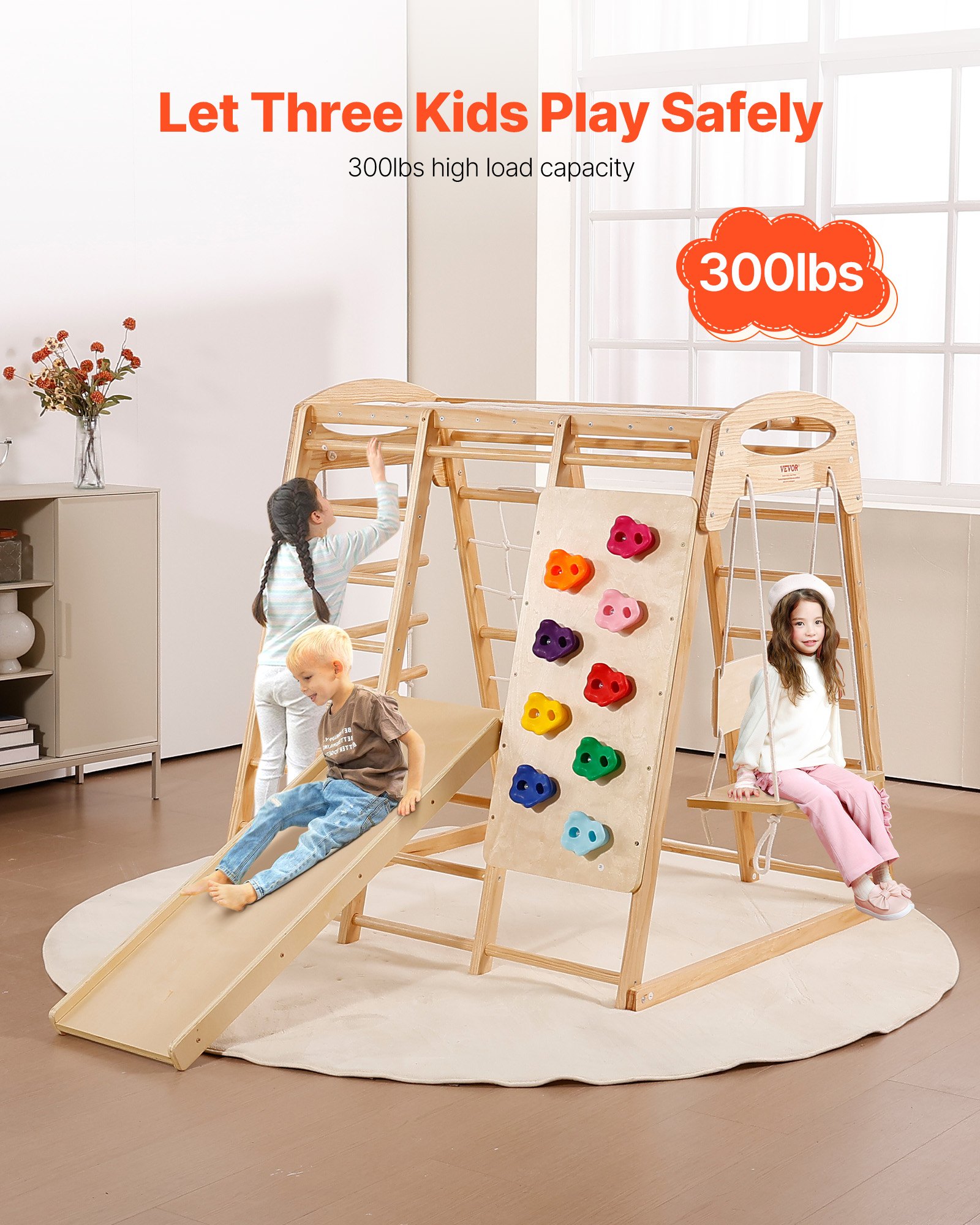 VEVOR Indoor Jungle Gym, 7-in-1 Toddler Indoor Playground, 109 x 120 x 119.5 cm, with Wood and Rope Ladder, Net Ladder, Swing, Monkey Bar, Slide, Climbing Wall, Wooden Indoor Climbing Toys for Kids