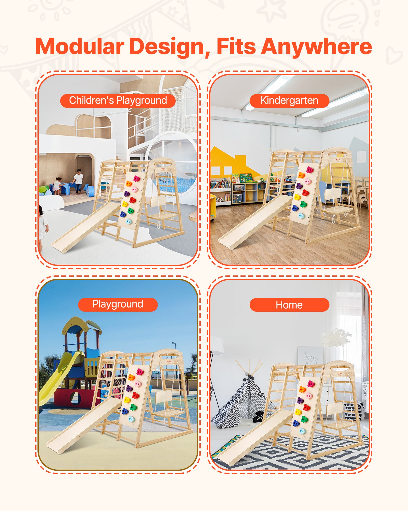 VEVOR Indoor Jungle Gym, 7-in-1 Toddler Indoor Playground, 109 x 120 x 119.5 cm, with Wood and Rope Ladder, Net Ladder, Swing, Monkey Bar, Slide, Climbing Wall, Wooden Indoor Climbing Toys for Kids