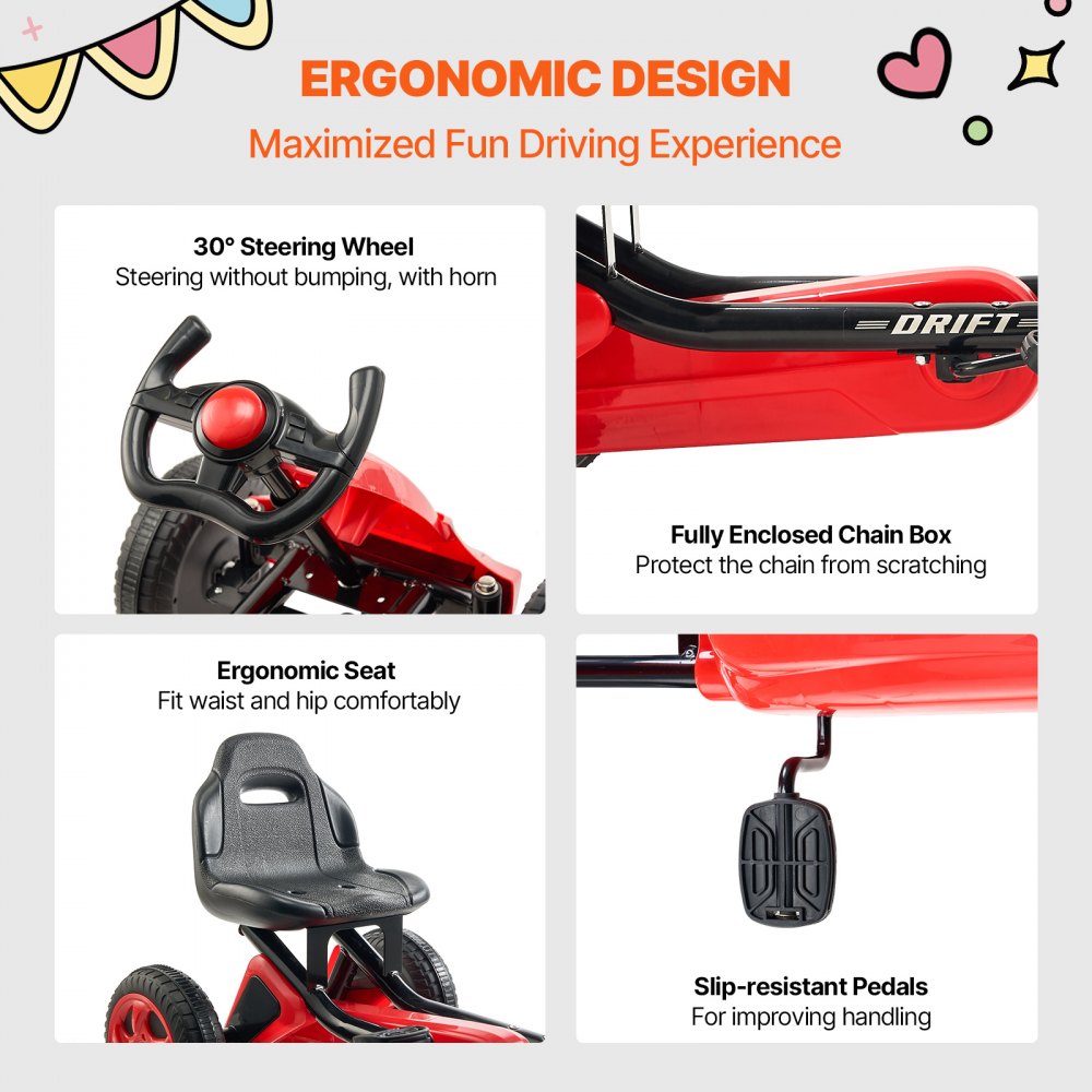 Gokart VEVOR, samochód na pedały z kierownicą, ergonomicznie regulowanym siedziskiem, kołami antypoślizgowymi, przenośny samochód na pedały z korbą, pojazd dziecięcy dla dzieci w wieku 3-8 lat, kolor czerwony