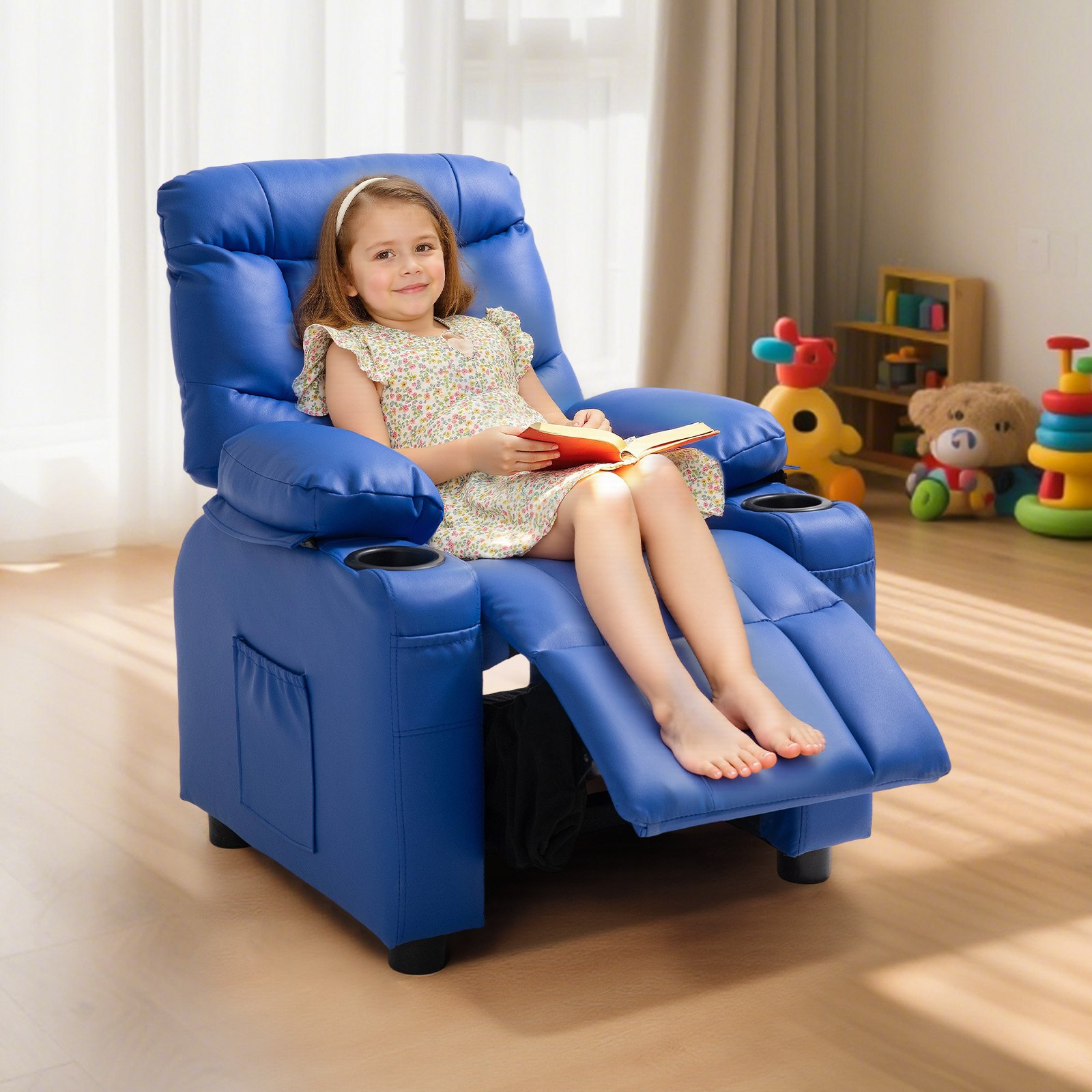 VEVOR Kids Reclining Chair, Toddler Recliner with 2 Cup Holders and 4 Pockets, 107° to 126° Adjustable Back, Easy-to-Clean PU Leather Recliner Couch with Footrest, for Boys, Girls & Children (Blue)