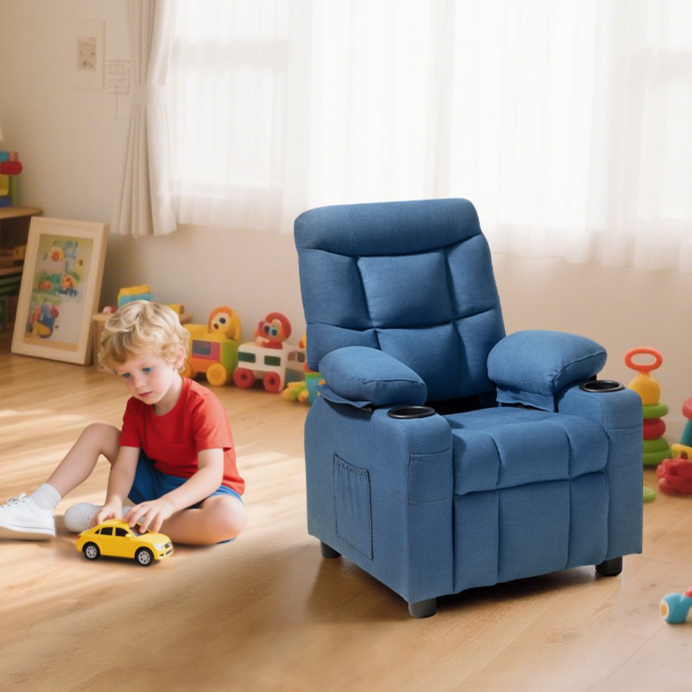 VEVOR Sofa dziecięca, fotel dziecięcy, krzesło dziecięce, przytulne krzesło, meble dziecięce, niebieskie, dla chłopców i dziewczynek, regulowane oparcie od 107° do 126°, oddychający pokrowiec z poliestru, uchwyt na kubek, kieszenie, podnóżki