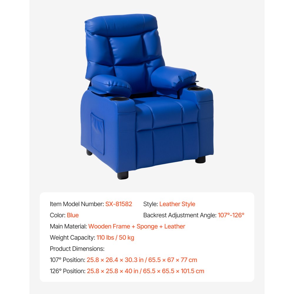 Fotel dziecięcy VEVOR z uchwytami na kubki, regulowany kąt oparcia 107° do 126°, rozkładana sofa ze skóry PU z podnóżkiem, nośność 50 kg dla chłopców i dziewcząt (niebieski)