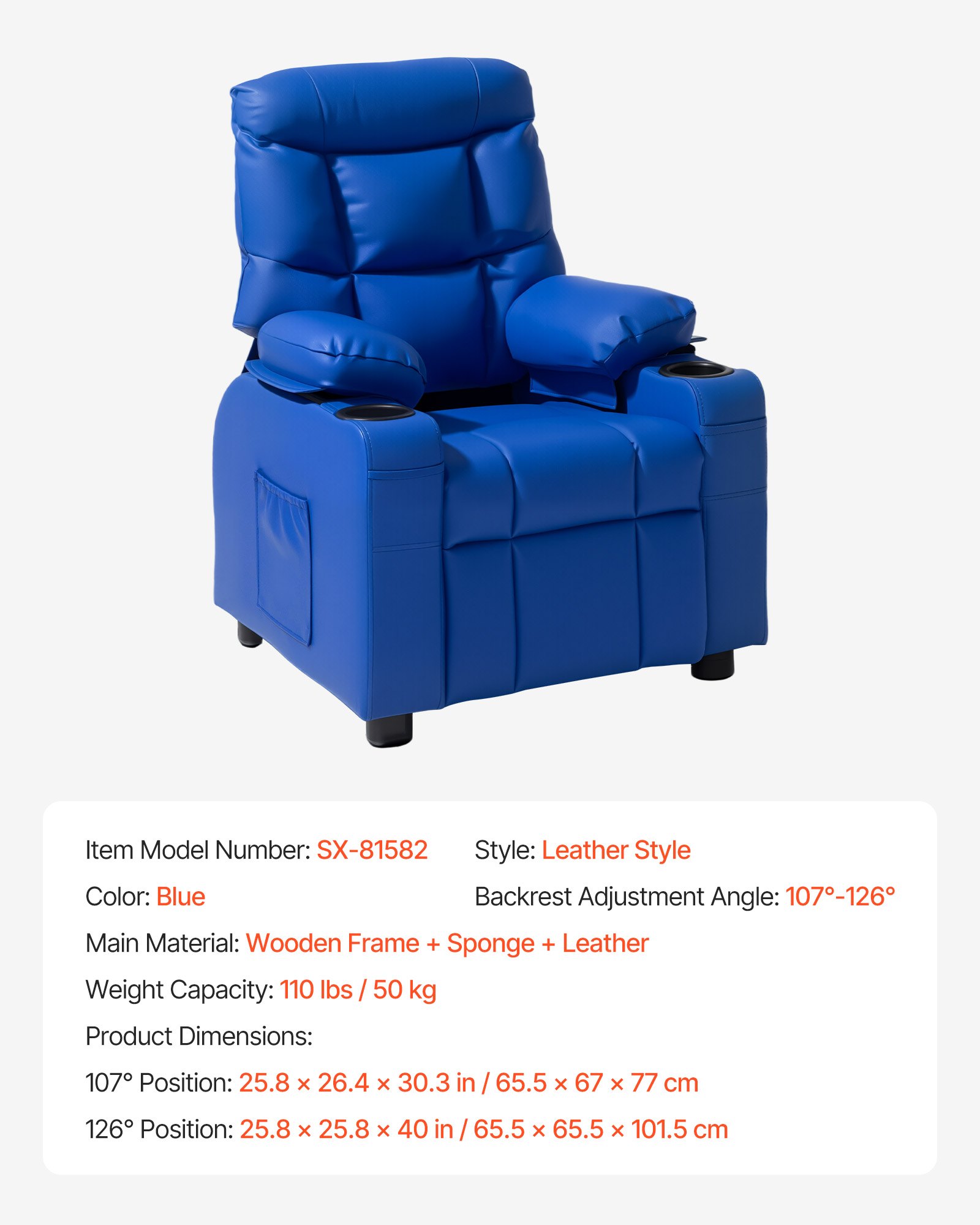 Fotel dziecięcy VEVOR z uchwytami na kubki, regulowany kąt oparcia 107° do 126°, rozkładana sofa ze skóry PU z podnóżkiem, nośność 50 kg dla chłopców i dziewcząt (niebieski)