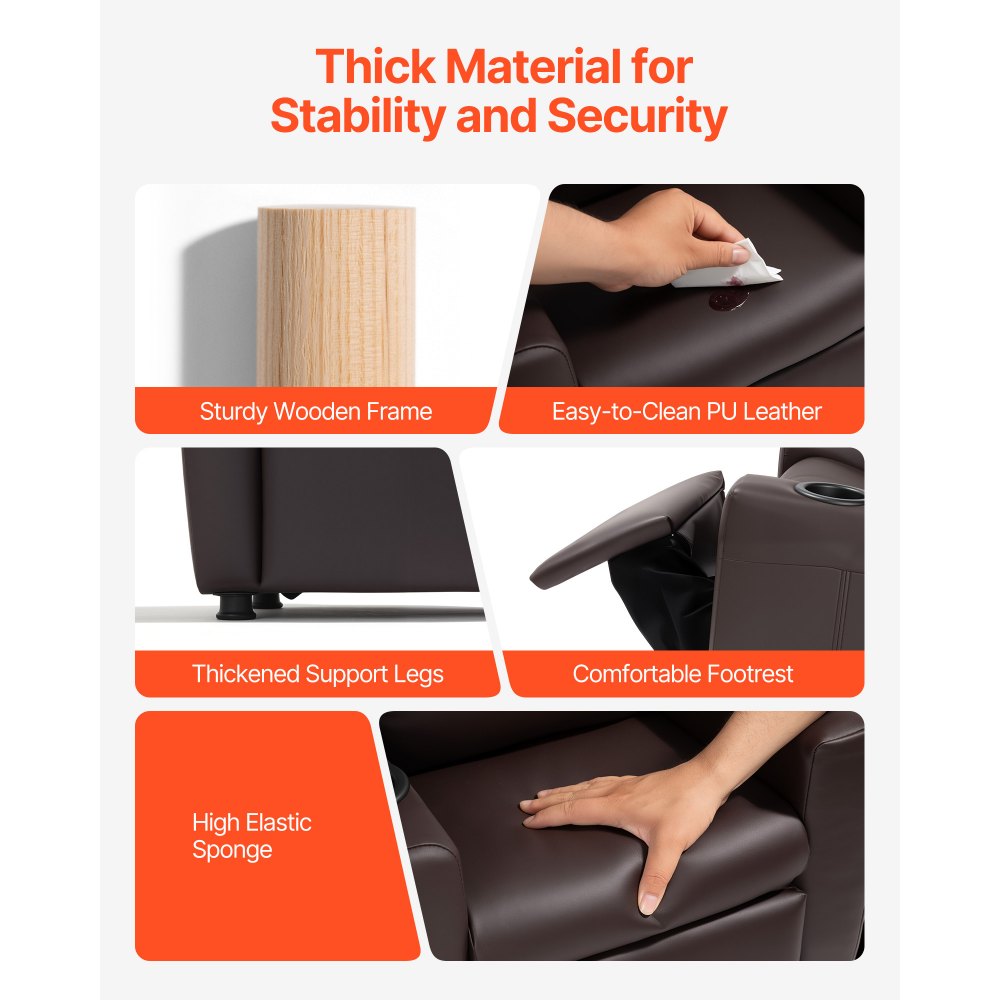 Fotel dziecięcy VEVOR z uchwytami na kubki, regulowanym oparciem w zakresie 101°-121°, rozkładana sofa ze skóry PU z podnóżkiem, udźwig 41 kg, fotel relaksacyjny dla chłopców i dziewcząt (brązowy)