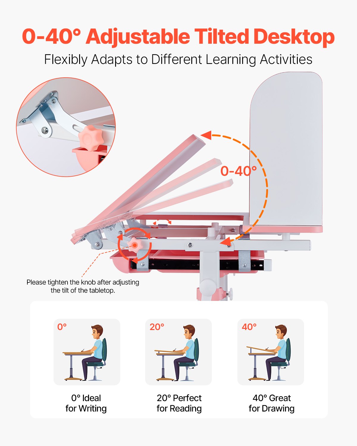 Zestaw biurkowy VEVOR dla dzieci, biurko i krzesło z regulacją wysokości (54-73 cm), nośność (100 kg), stół pochylany w zakresie 0-40° z półką na książki do sypialni i pokoju do nauki, różowy