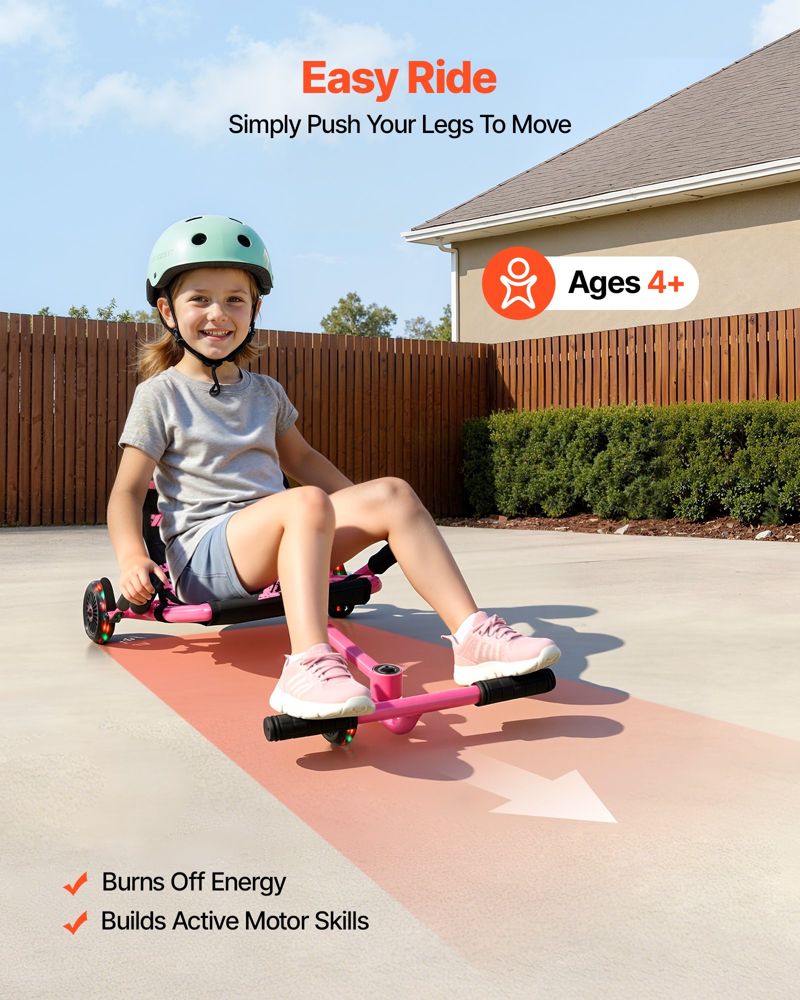 VEVOR Ride on Scooter 68 kg Swing Side-to-Side for Amazing Riding Pink, for Ages 4+, Powered by Zig-Zag Motion, Ride on Toy with 3 Adjustable Length, Brake Lever, Hard Surface Indoor & Outdoor