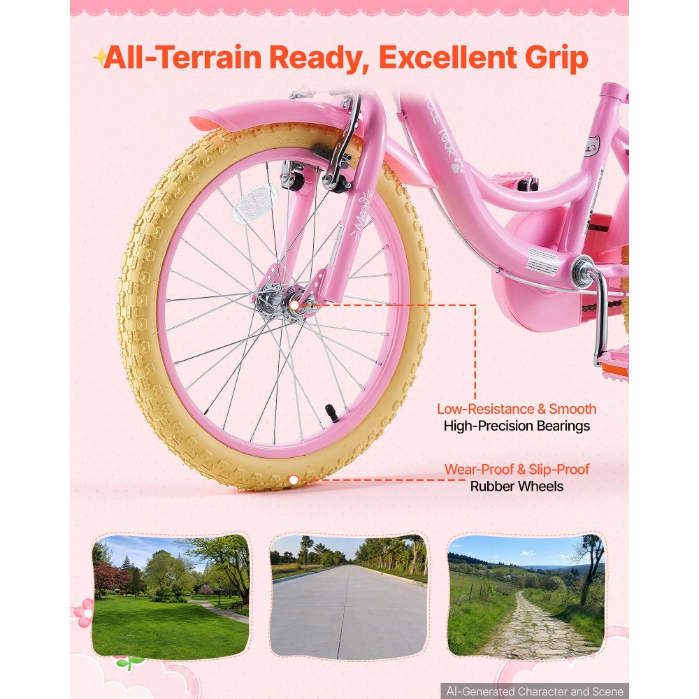 Rower dziecięcy VEVOR 18-calowy rower szosowy dla dziewczynek w wieku 5-8 lat z nóżką, różowy, rama ze stali węglowej, styl księżniczki, podwójne hamulce, regulowane siodełko, z siedzeniem dla lalek i koszykiem