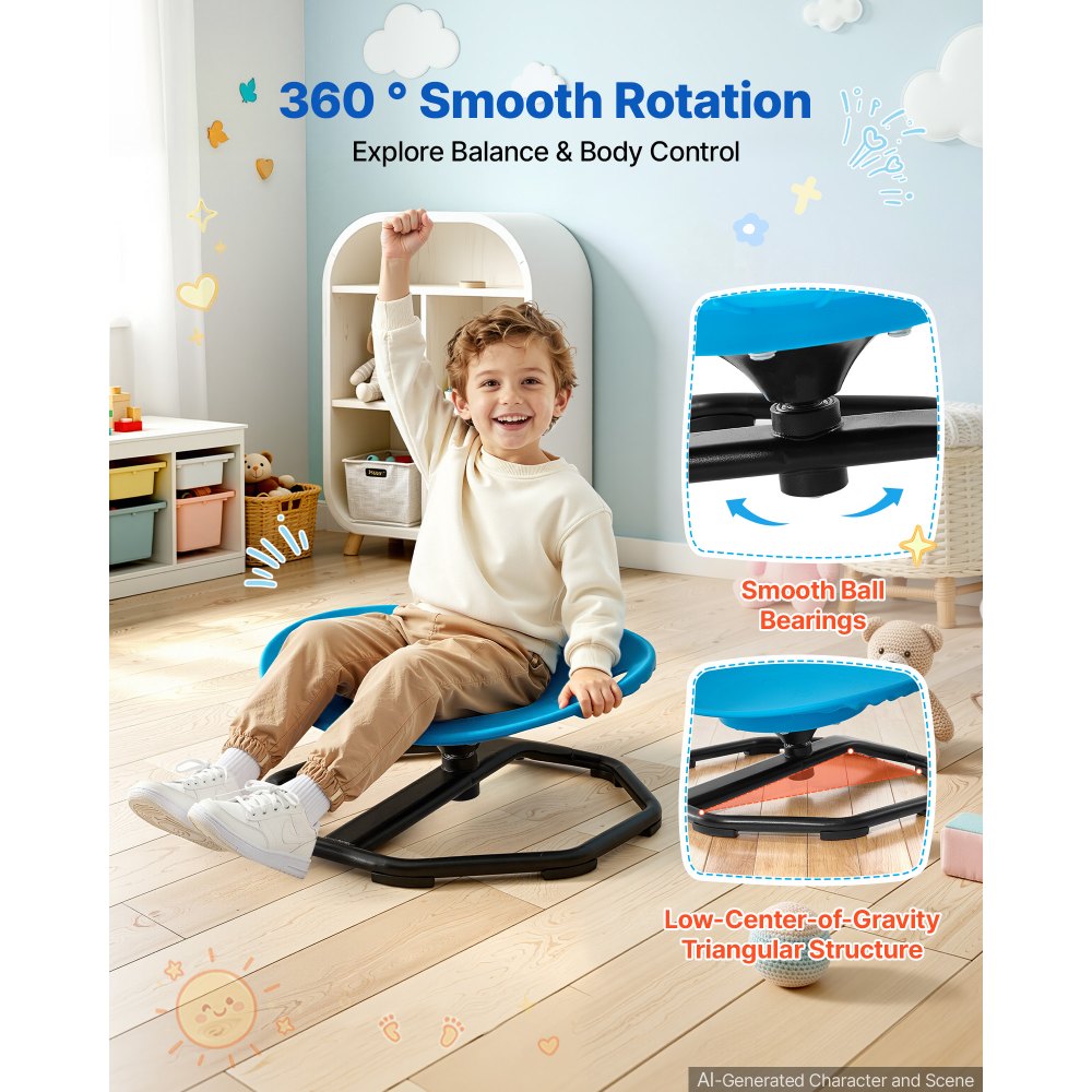 Krzesło obrotowe VEVOR dla dzieci z autyzmem, sensoryczne, obrotowe siedzisko, 50 kg, 430 x 355 mm, niebieskie, pomoc dla dzieci z ADHD w wieku 2-6 lat, wspomaga równowagę, koordynację ciała i siłę chwytu, materiał PP