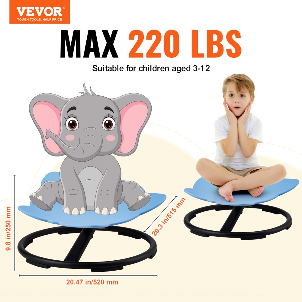 VEVOR Fotel sensoryczny obrotowy dla dzieci o nośności 100 kg, obrotowy 360°, krzesło sensoryczne dla dzieci autystycznych, obrotowy fotel koordynacyjny, równoważny, podstawa z motywem słonia, kolor niebieski