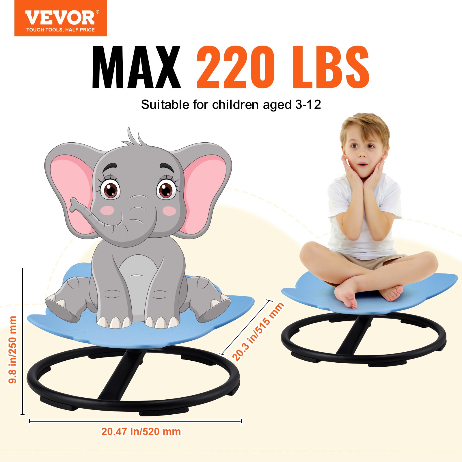 VEVOR Fotel sensoryczny obrotowy dla dzieci o nośności 100 kg, obrotowy 360°, krzesło sensoryczne dla dzieci autystycznych, obrotowy fotel koordynacyjny, równoważny, podstawa z motywem słonia, kolor niebieski