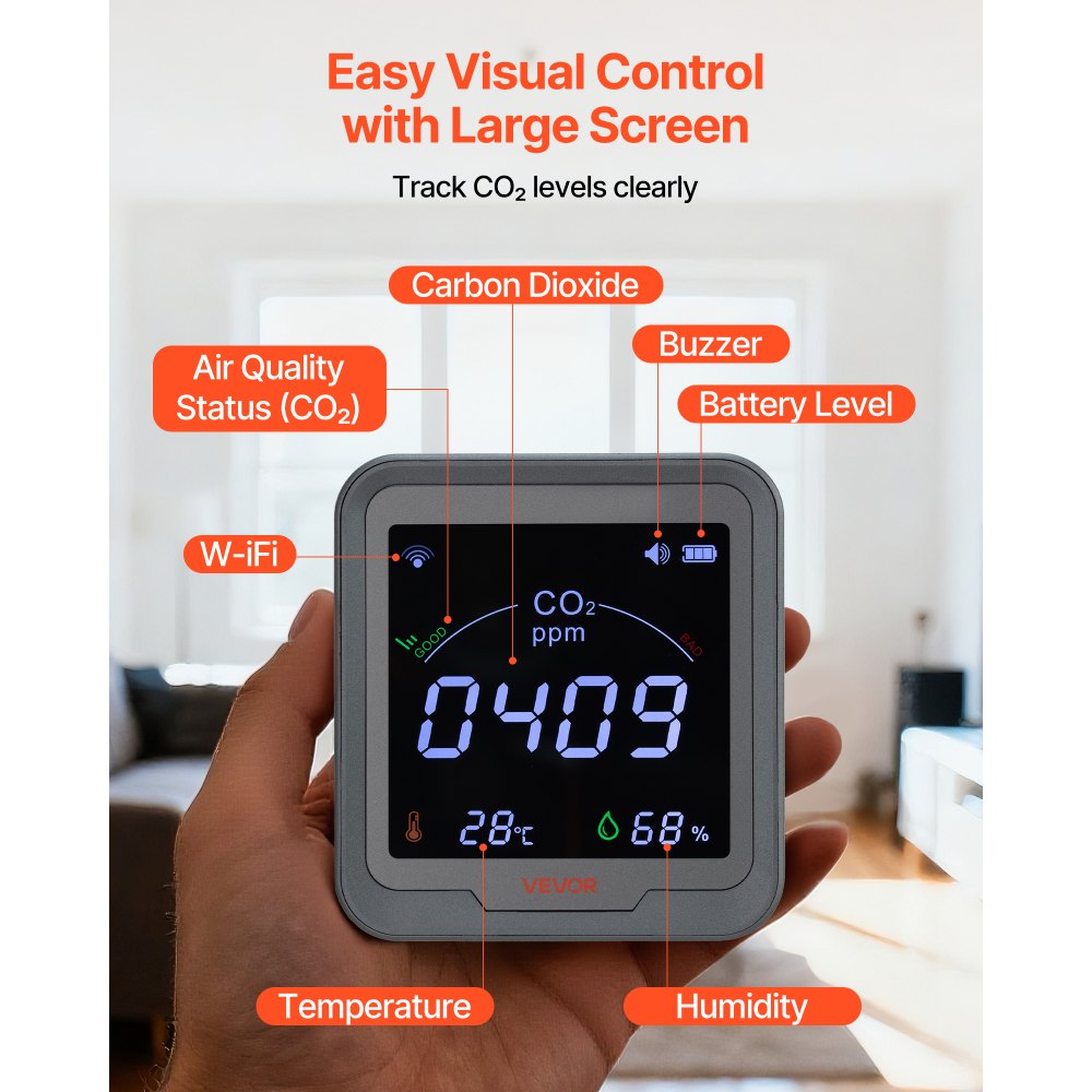 Detektor CO2 VEVOR WiFi, monitor CO2 z wyświetlaczem temperatury i wilgotności, czujnik NDIR, miernik dwutlenku węgla, detektor CO2 do użytku na zewnątrz, do domu, biura, samochodu, do montażu na ścianie