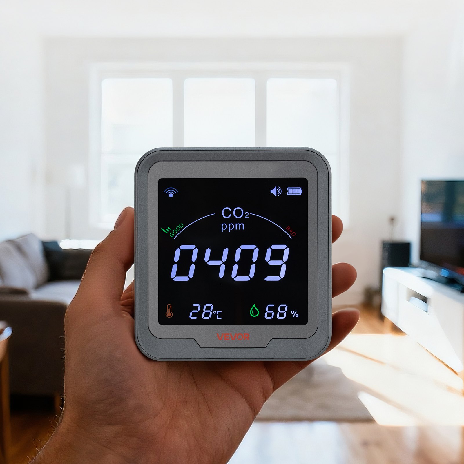 Detektor CO2 VEVOR WiFi, monitor CO2 z wyświetlaczem temperatury i wilgotności, czujnik NDIR, miernik dwutlenku węgla, detektor CO2 do użytku na zewnątrz, do domu, biura, samochodu, do montażu na ścianie