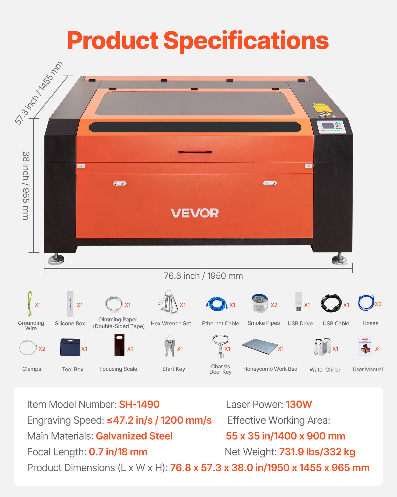Grawerka laserowa CO2 VEVOR 130 W, obszar roboczy 1400 x 900 mm, maszyna do grawerowania i cięcia laserowego z chłodnicą wodną, ​​dwukierunkowe wspomaganie przepływu powietrza, prędkość 1200 mm/s, do drewna, akrylu i szkła