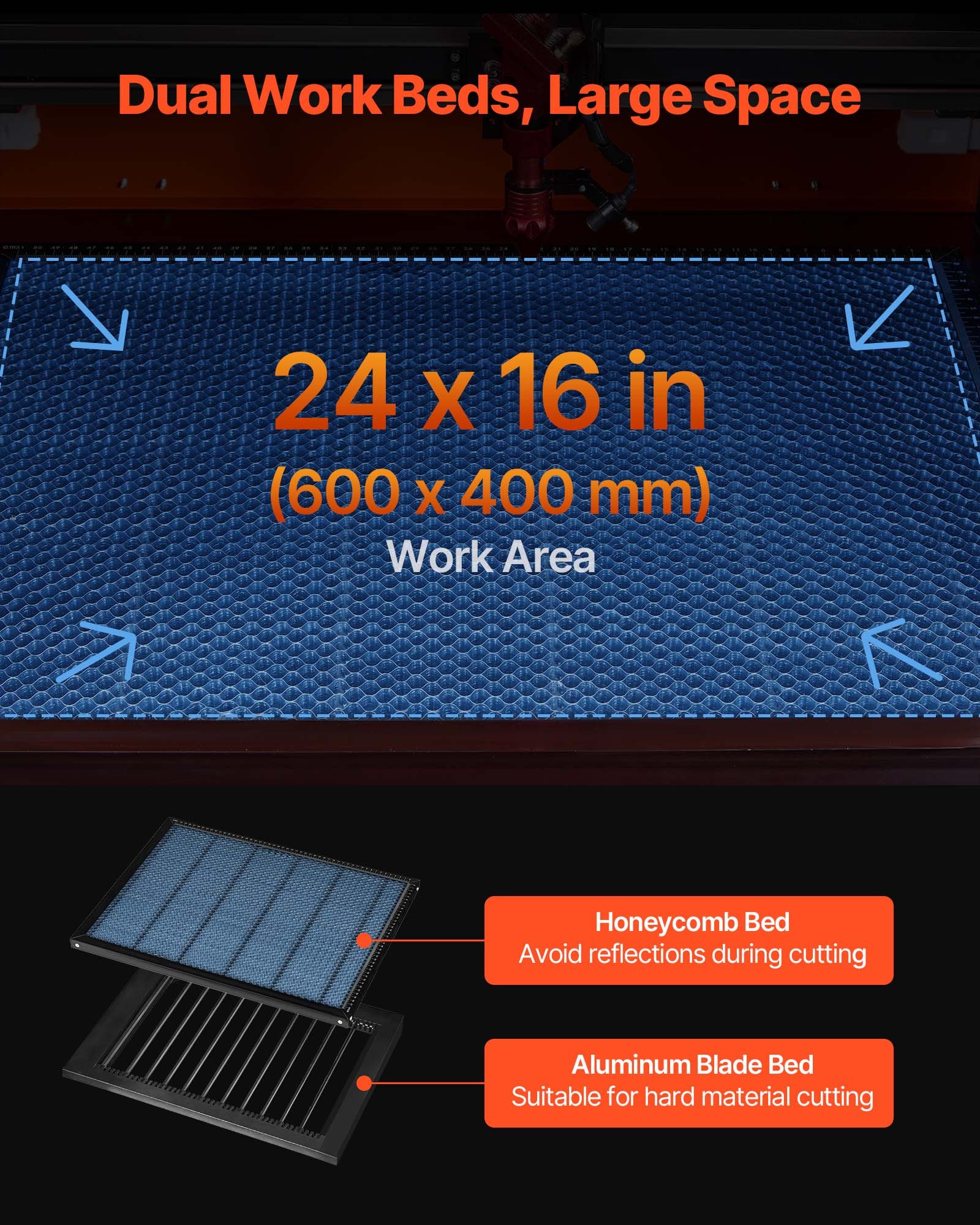 Grawerka laserowa CO2 VEVOR 60 W, obszar roboczy 600 x 400 mm, urządzenie do grawerowania i cięcia laserem CO2 z 4-kierunkowym podparciem powietrza, kompatybilne z LightBurn, CorelDRAW i RDWorks, do drewna, akrylu i szkła