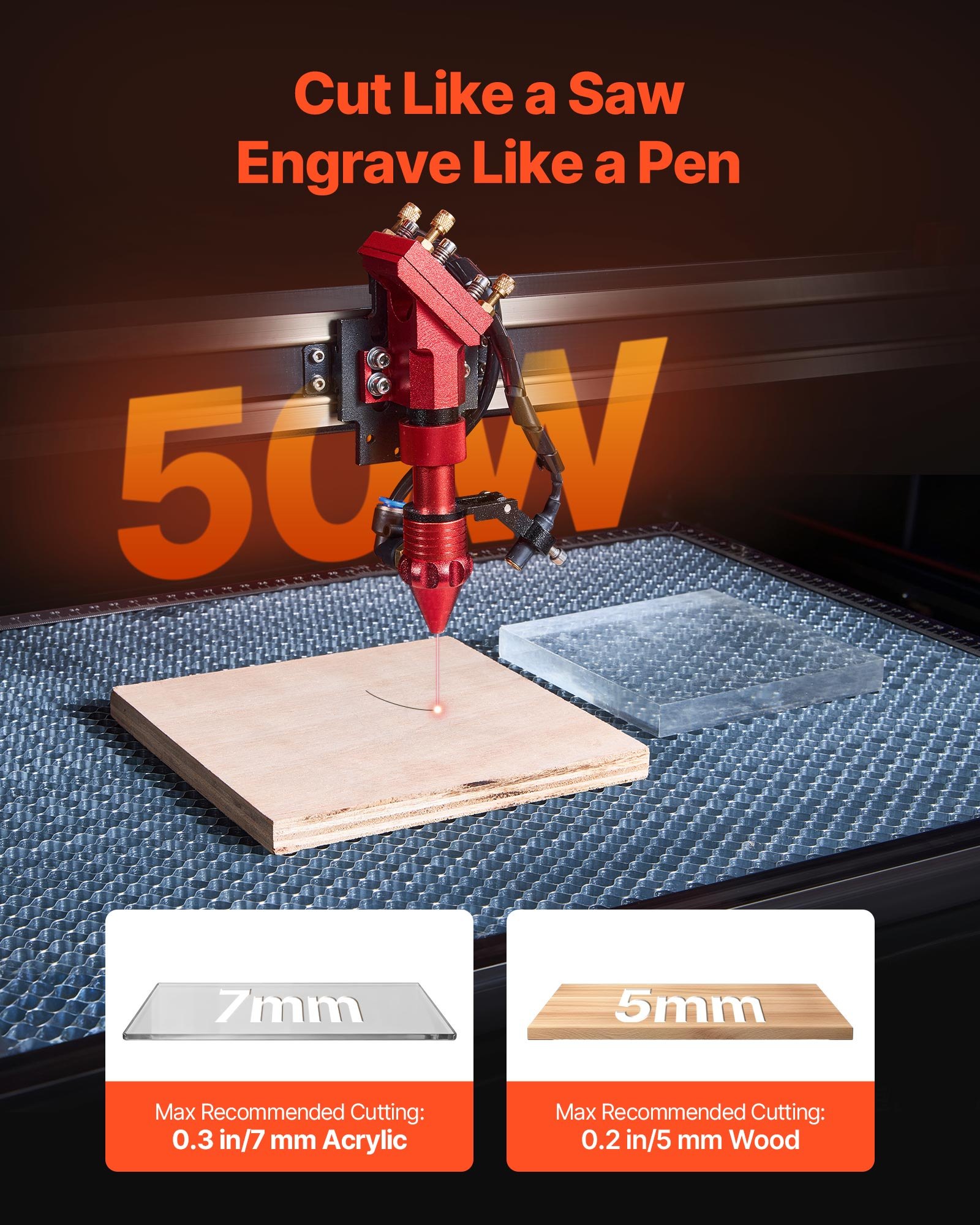 Grawerka laserowa CO2 VEVOR 50 W, obszar roboczy 500 x 300 mm, urządzenie do grawerowania i cięcia laserowego z 4-kierunkowym podparciem powietrza, kompatybilne z LightBurn, CorelDRAW i RDWorks, do drewna, akrylu i szkła