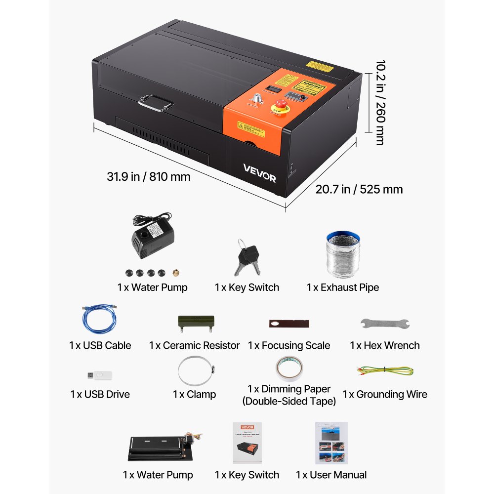VEVOR CO2 Grawerka laserowa 45 W, 300 x 200 mm, stołowa maszyna do grawerowania laserowego CO2 z osią obrotową, wspomaganiem pneumatycznym, kompatybilna z LightBurn, CorelDRAW i GRBL, do drewna, akrylu i szkła
