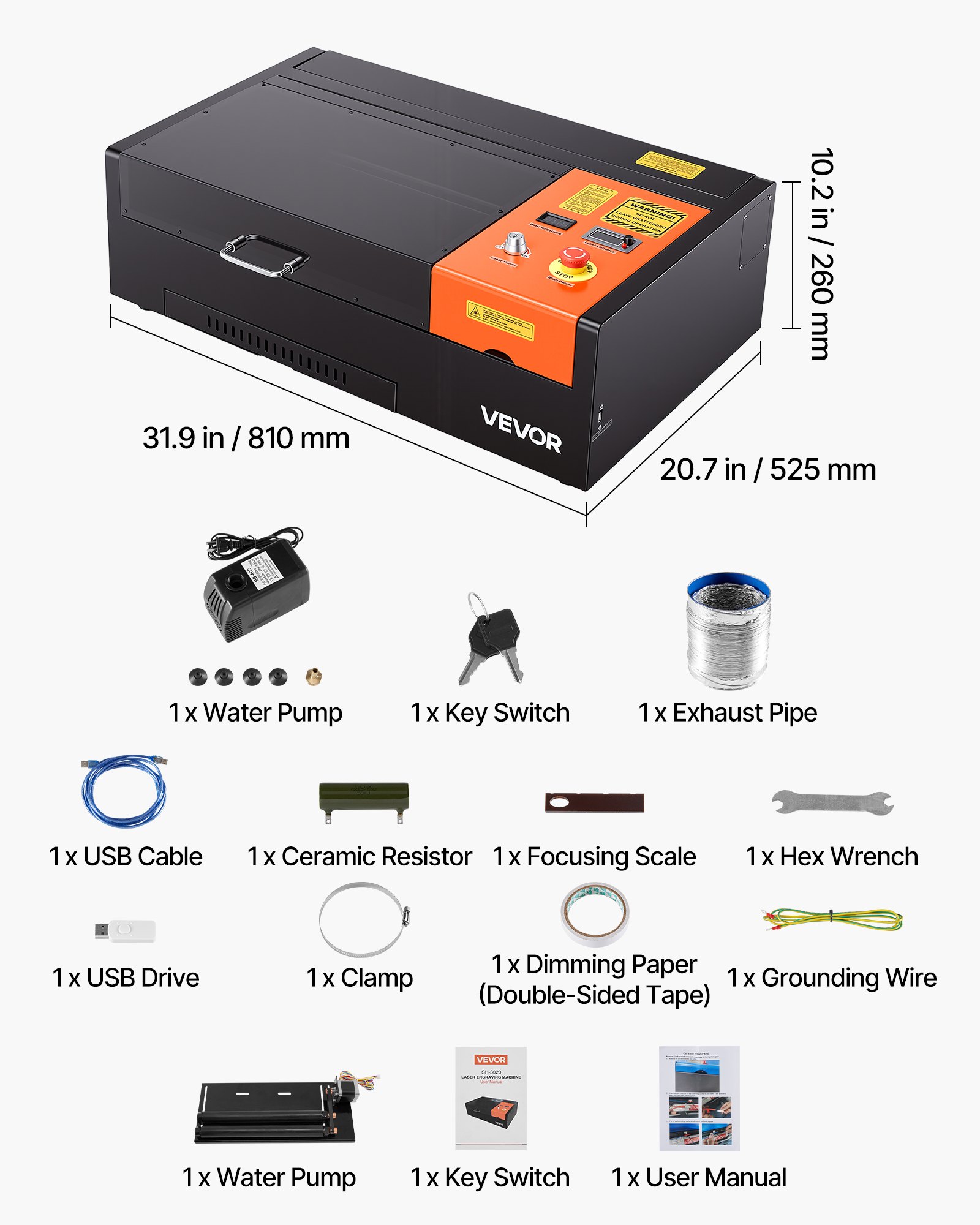 VEVOR CO2 Grawerka laserowa 45 W, 300 x 200 mm, stołowa maszyna do grawerowania laserowego CO2 z osią obrotową, wspomaganiem pneumatycznym, kompatybilna z LightBurn, CorelDRAW i GRBL, do drewna, akrylu i szkła