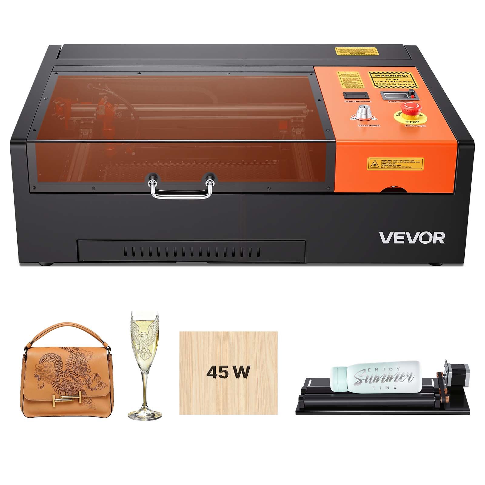 VEVOR CO2 Grawerka laserowa 45 W, 300 x 200 mm, stołowa maszyna do grawerowania laserowego CO2 z osią obrotową, wspomaganiem pneumatycznym, kompatybilna z LightBurn, CorelDRAW i GRBL, do drewna, akrylu i szkła