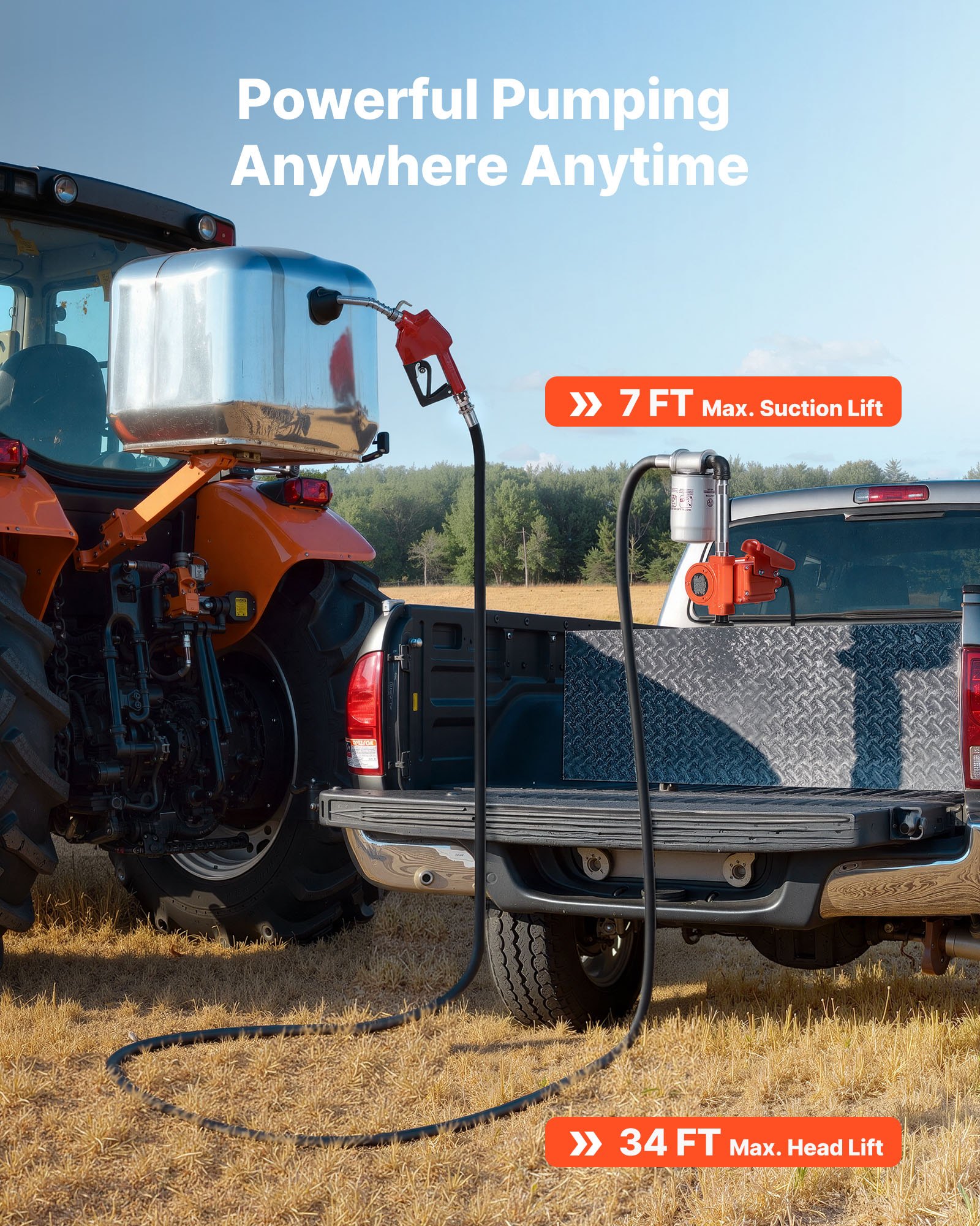 Pompa paliwa VEVOR, 12 V DC, 37 l/min, zestaw pompy do oleju napędowego, z automatycznym wyłącznikiem dyszy, wężem tłocznym, zabezpieczeniem przed przegrzaniem, kablem zasilającym, przeciwwybuchowa, do benzyny, oleju napędowego i nafty