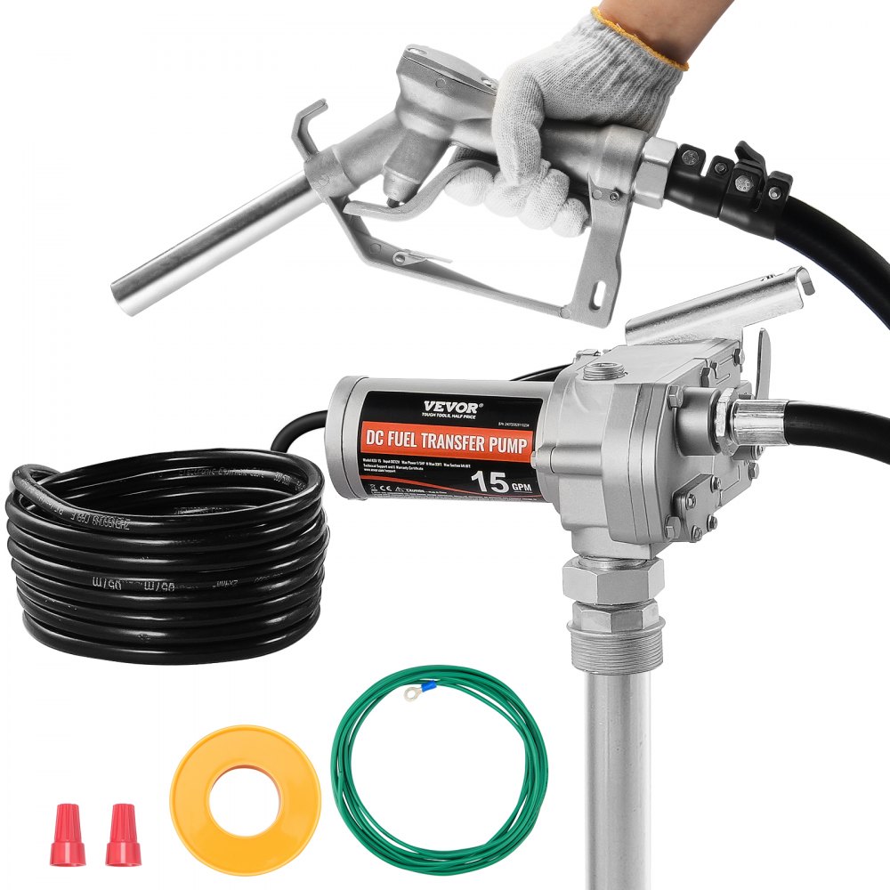 Pompa do transferu paliwa VEVOR, 12 V DC, 15 GPM, 1/5 KM, elektryczna pompa do oleju napędowego z przekładnią zębatą i automatycznym dyszem paliwa, długi wąż wlotowy i wylotowy do benzyny, oleju napędowego, nafty