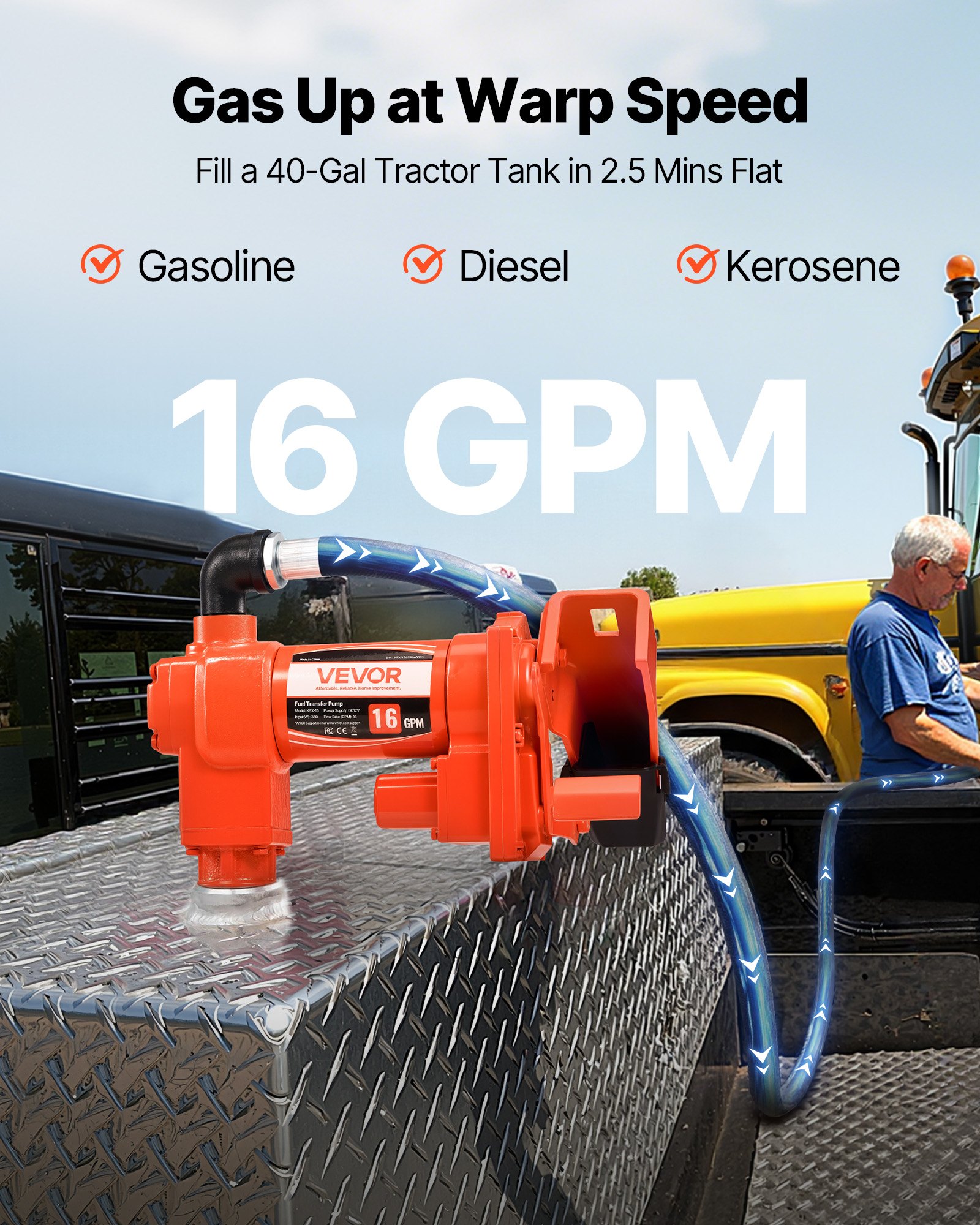 Pompa do transferu paliwa VEVOR, 12 V DC, 60,5 l/min, 1/4 KM, pompa do transferu oleju napędowego z ręczną dyszą, wylotem i wężem ssącym, do benzyny, nafty, mieszanek etanolu, metanolu, biodiesla