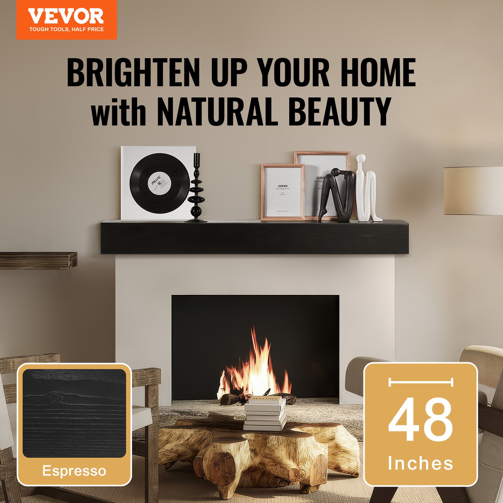 VEVOR mantelpiece, 121.9 x 20.3 x 12.7 cm, load capacity 22.7 kg, natural wood mantelpiece for above the fireplace, floating farmhouse wall-mounted shelf, handcrafted mantelpiece as wall decoration, Espresso